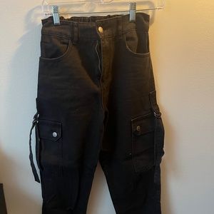 Black denim jogger-style pants